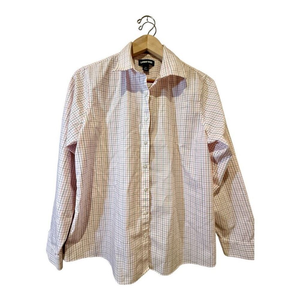 Lands’ End Top Blouse Long Sleeve Women’s Check White Orange Pink Black Career O